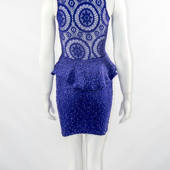 Peplum Bodycon Lace Blue Dress Short Iridescent Party Cocktail Mini Sz Small - Picture 4 of 5